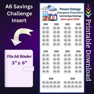 May include: A printable A6 binder insert with a power outage emergency preparation cash savings challenge. The challenge is to save up to $100. The insert has a grid of circles with $1 and $10 amounts. The insert fits a 3" x 6" binder.