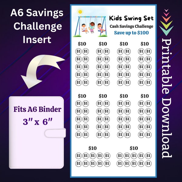 A6 Kids Swing Savings Challenge Printable for Children Play Activity Money Saving Sinking Fund for Outdoor Playground Set Cash Saving Budget