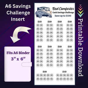 May include: Printable A6 savings challenge insert for a binder. The insert features a bed comforter with a blue and white pattern. The challenge is to save up to $100. The insert is 3 inches by 6 inches.