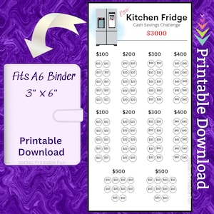 May include: Printable cash savings challenge tracker for a kitchen fridge. The tracker is designed to fit a 3 inch by 6 inch A6 binder. The tracker has a goal of $3000 and includes amounts of $100, $200, $300, $400, and $500.