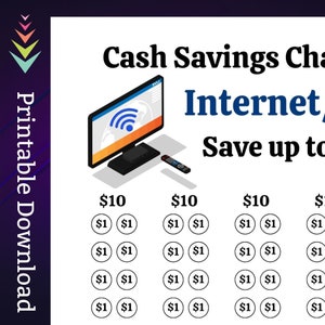 May include: A printable chart showing how to save money on internet service. The chart shows a television with a wifi symbol on the screen, a remote control, and a grid of circles with dollar signs. The chart shows a potential savings of $10 per month.