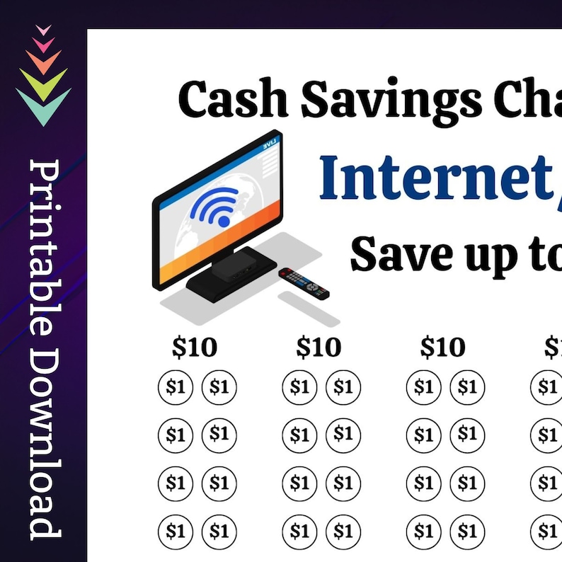 May include: A printable chart showing how to save money on internet service. The chart shows a television with a wifi symbol on the screen, a remote control, and a grid of circles with dollar signs. The chart shows a potential savings of $10 per month.