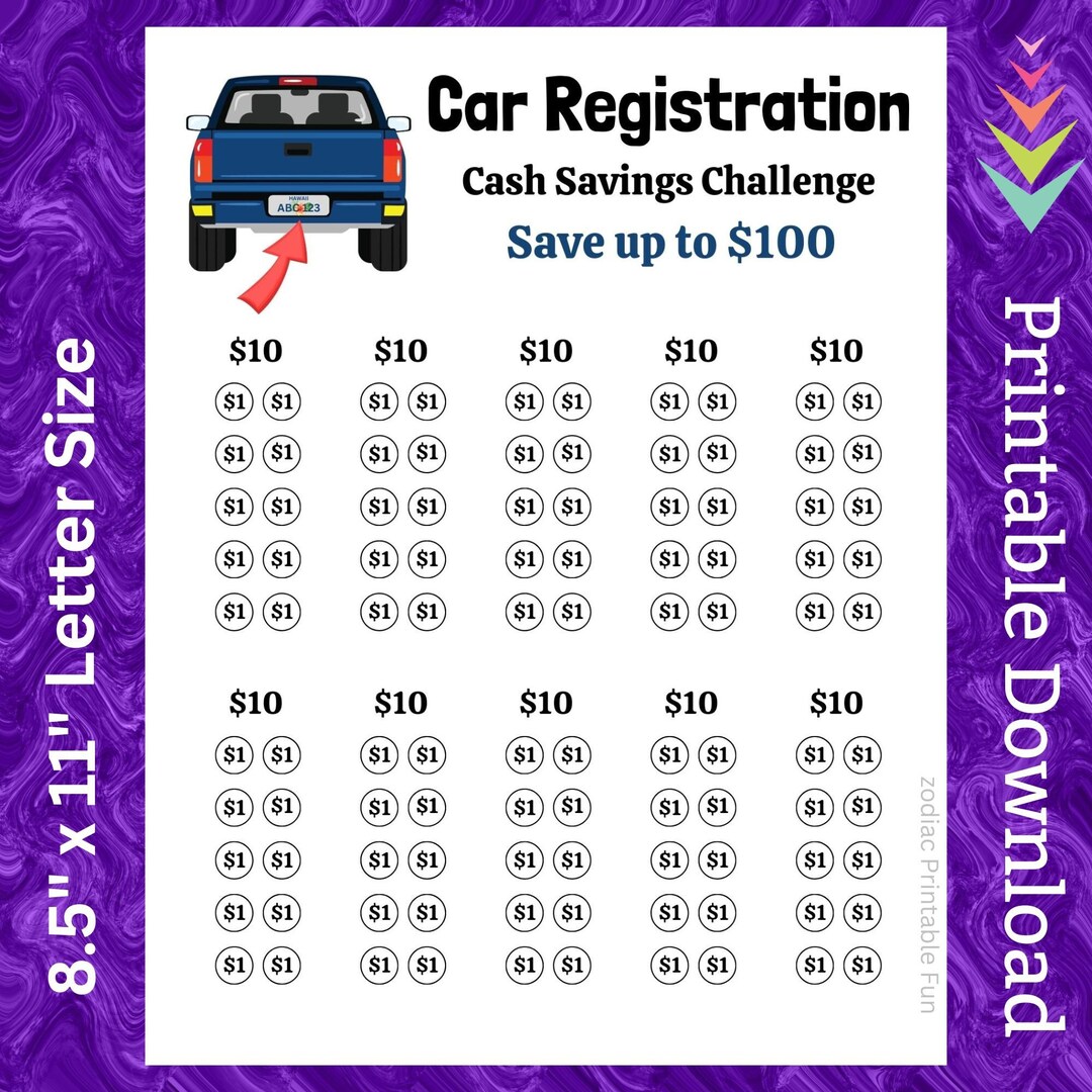 Car Savings Challenge Printable for Saving Money for Vehicle Tag Renewal for License Plate