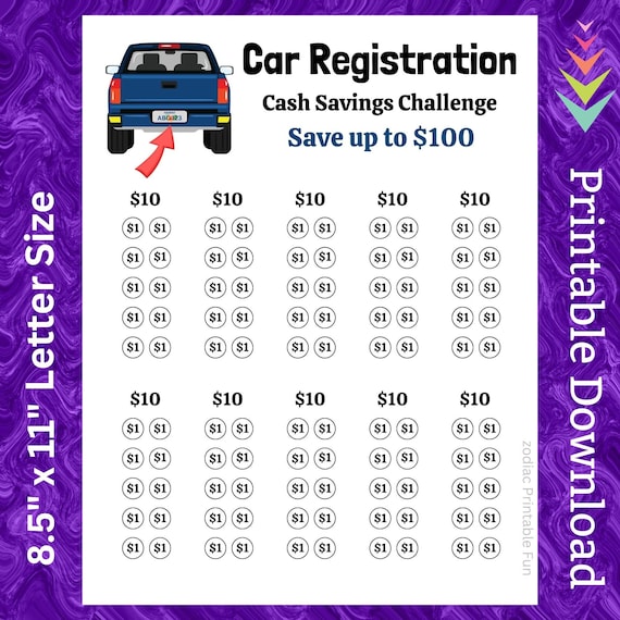 Car Savings Challenge Printable for Saving Money for Vehicle Tag Renewal for License Plate Registration Cash Tracker for First Time Driver