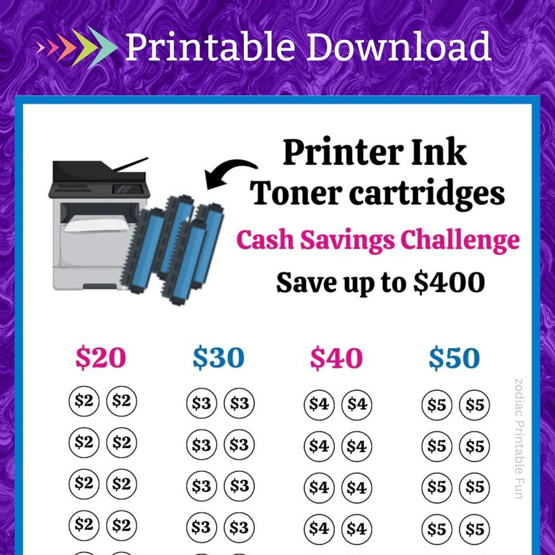 A6 Printer Toner Cartridge Savings Challenge Printable for Computer Laser Printer Ink for Home Office Money Saving Fund for Students Budget