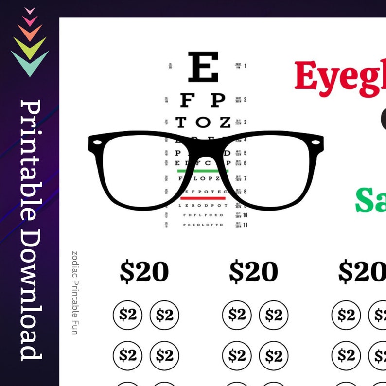 Eyeglasses Savings Challenge Printable for Eye Exam Money Saving Sinking Fund for Vision Cash Stuffing Savings Tracker for Men Women Kids