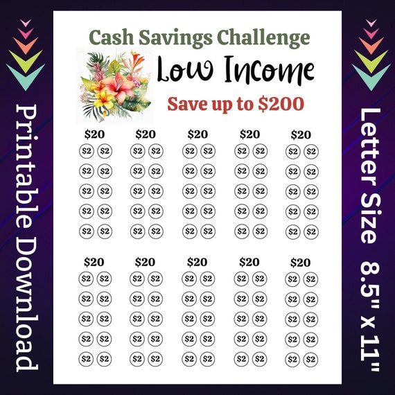 Low Income Savings Challenge Printable for Family Cash Budgeting Goal for Paycheck Money Saving Sinking Fund for Low Budget Savings Tracker