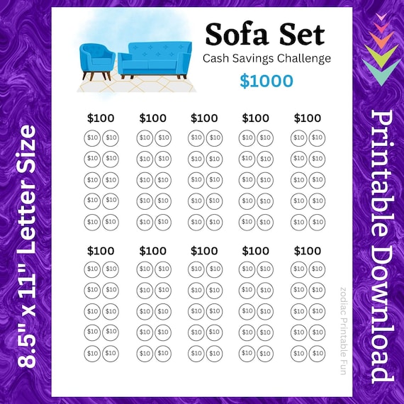 Sofa Set Savings Challenge Printable, Home Budget Tracker (PDF)