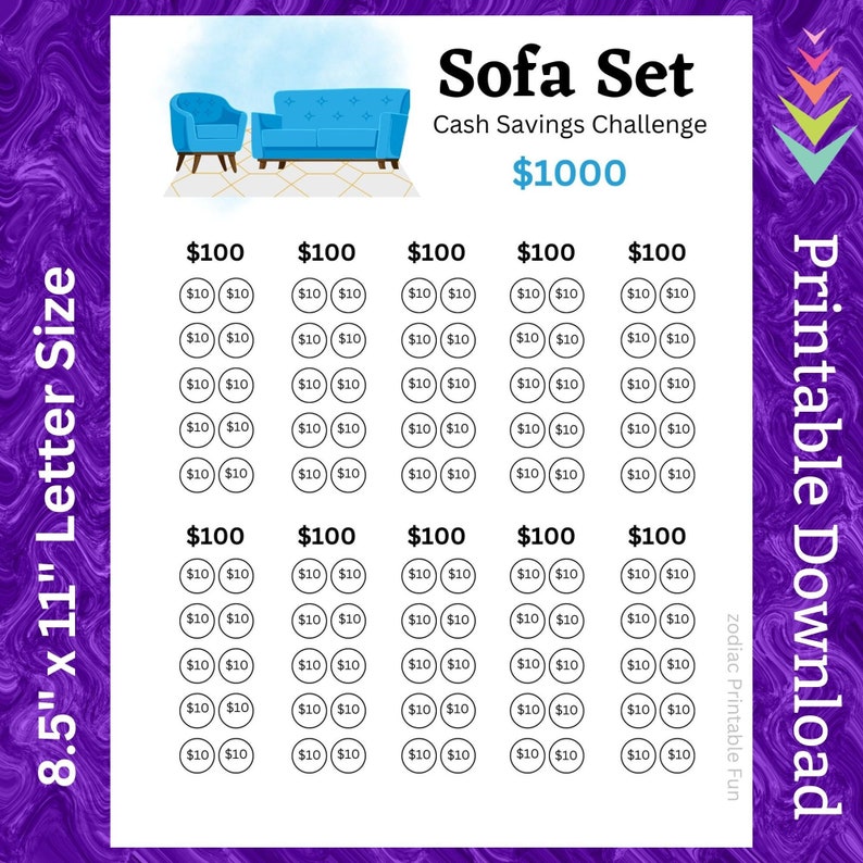 May include: A printable savings challenge chart for a sofa set. The chart is divided into five sections, each with the title "$100". Each section has ten circles, each with the text "$10" inside. The chart is titled "Sofa Set Cash Savings Challenge" and has the text "$1000" below the title. The chart is 8.5 inches by 11 inches and is printable.