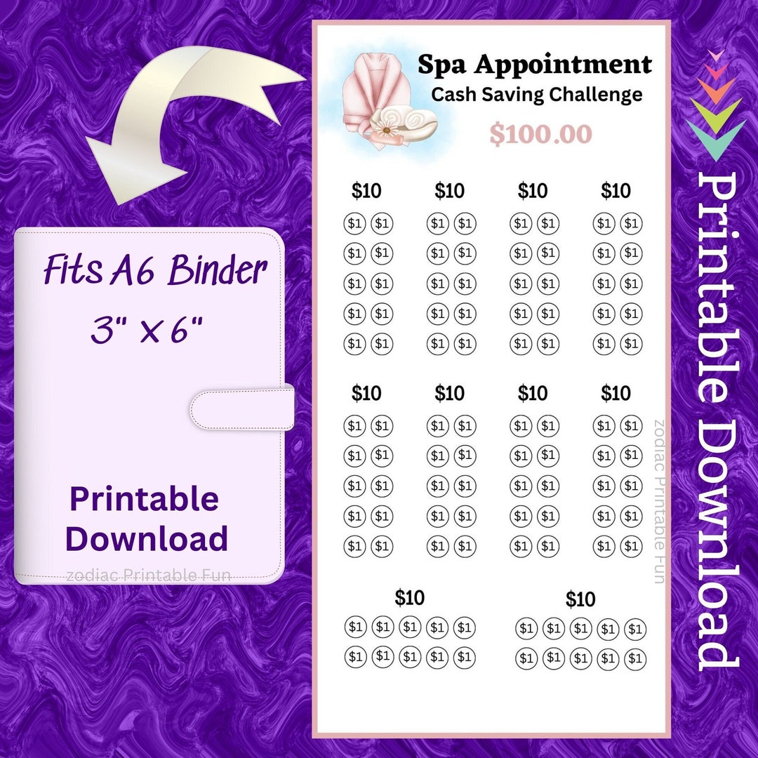 Spa Day A6 Savings Challenge Printable Insert for Mom Self Care Fund for Girls Spa Getaway for ...