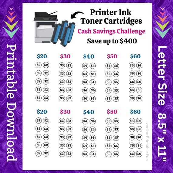 Printer Toner Cartridge Savings Challenge Printable for Computer Laser Printer Ink for Home Office Money Saving Fund for Students Budget