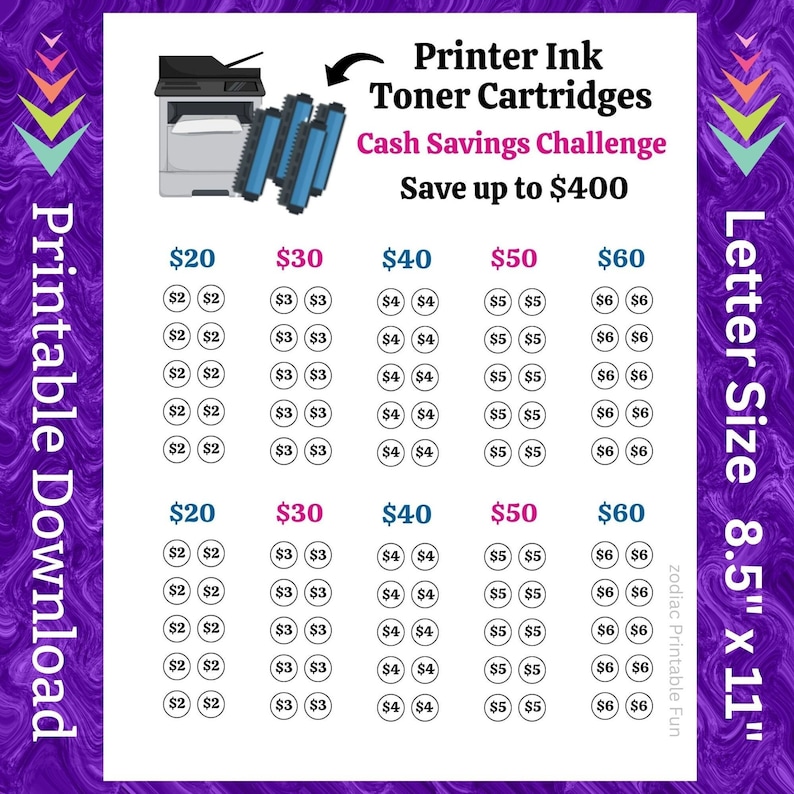 May include: A printable chart for tracking printer ink and toner cartridge savings. The chart is divided into columns labeled $20, $30, $40, $50, and $60. Each column has rows of circles with dollar amounts inside. The chart is designed to help users save money on printer supplies. The chart is labeled "Letter Size 8.5" x 11" and "zodiac Printable Fun".