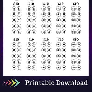May include: A printable sheet with five columns of ten dollar bills, each bill divided into ten one dollar bills. The sheet is titled "Printable Download".