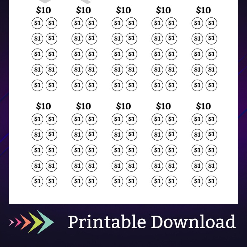 May include: A printable sheet with five columns of ten dollar bills, each bill divided into ten one dollar bills. The sheet is titled "Printable Download".
