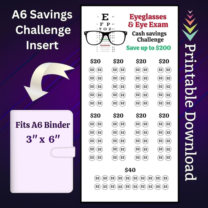 Eyeglasses Cash Budget Money Saving Challenge Tracker Printable A6 Size image 1