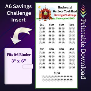 May include: A printable savings challenge tracker for a backyard tool shed. The tracker is designed to fit a 3 inch by 6 inch A6 binder. The tracker has a cartoon image of a red tool shed with a white cross on the roof. The tracker has a grid of circles with the text "$5" in each circle. The tracker has a total of 100 circles. The tracker has the text "Backyard Outdoor Tool Shed Savings Challenge Save up to $500" at the top. The tracker has the text "Printable Download" on the right side.
