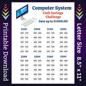 May include: Printable cash savings challenge sheet featuring a computer graphic, keyboard, and mouse. The text reads "Computer System Cash Savings Challenge Save up to £1400.00." Includes amounts from £10 to £200.