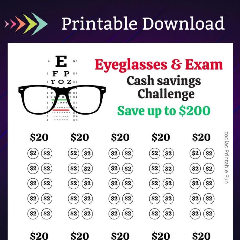 Eyeglasses Savings Challenge Printable for Eye Exam Money Saving Sinking Fund for Vision Cash Stuffing Savings Tracker for Men Women Kids