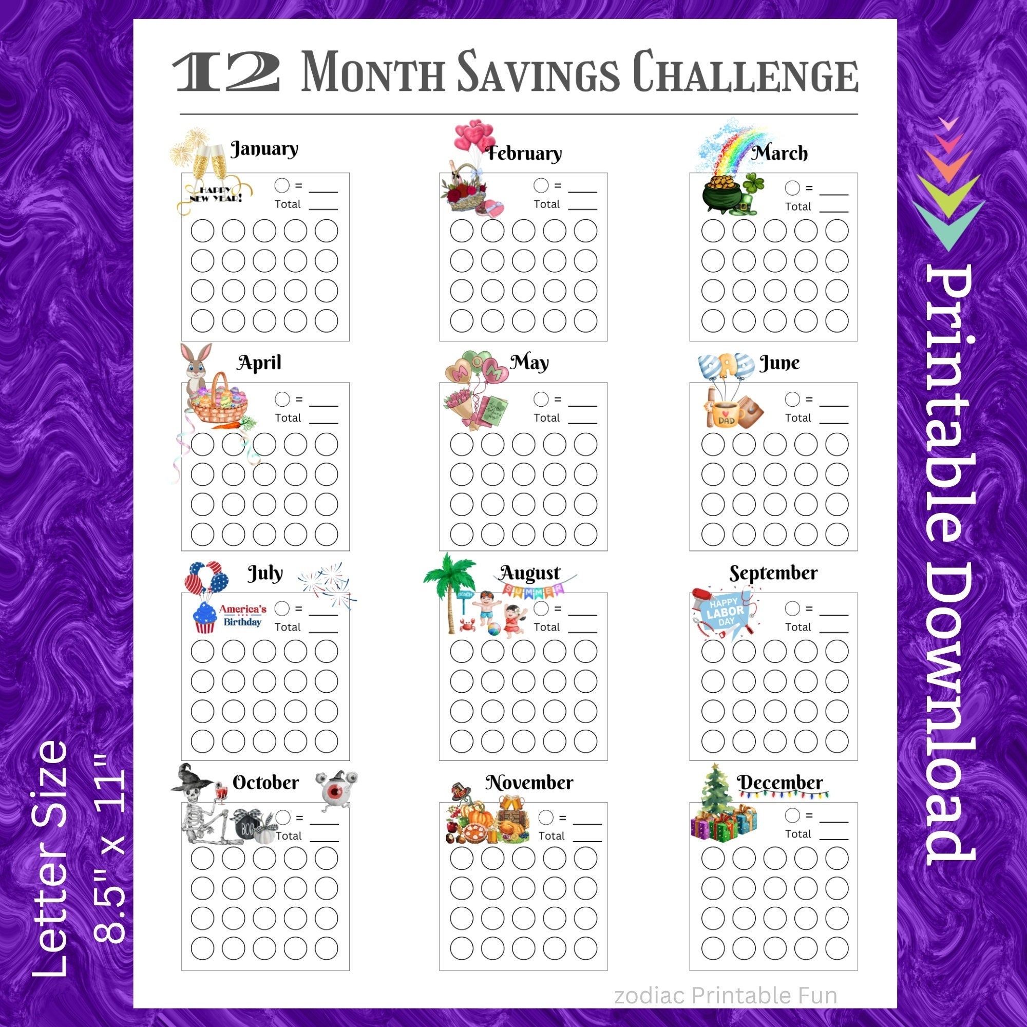12 month cash budget saving challenge tracker printable letter