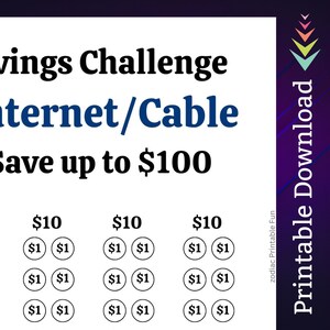 May include: A printable savings challenge chart for internet or cable service. The chart has three columns, each with the title "$10". Each column has three rows of circles, each circle containing the number "$1".