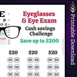 A6 Eyeglasses Savings Challenge Printable for Eye Exam Money Saving Sinking Fund for Vision Cash Stuffing Savings Tracker for Men Women Kids
