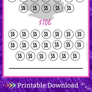 May include: A printable money tracker with a &pound;100 goal. The tracker has 20 circles, each representing &pound;5. The circles are arranged in three rows. The top row has five circles, the middle row has six circles, and the bottom row has nine circles. The text "Printable Download" is at the bottom of the page.