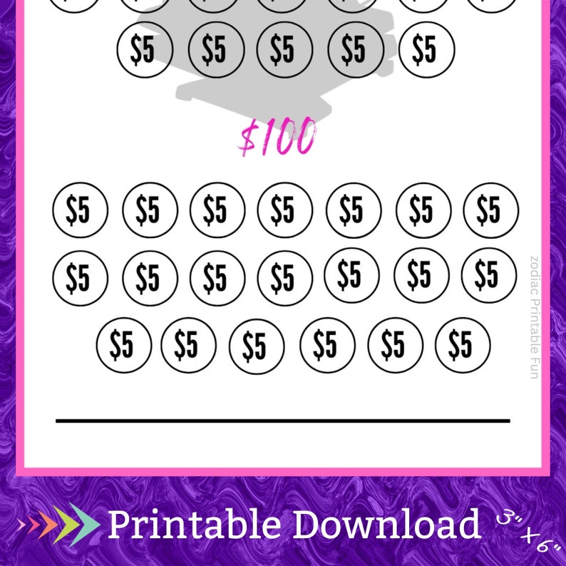 May include: A printable money tracker with a &pound;100 goal. The tracker has 20 circles, each representing &pound;5. The circles are arranged in three rows. The top row has five circles, the middle row has six circles, and the bottom row has nine circles. The text "Printable Download" is at the bottom of the page.