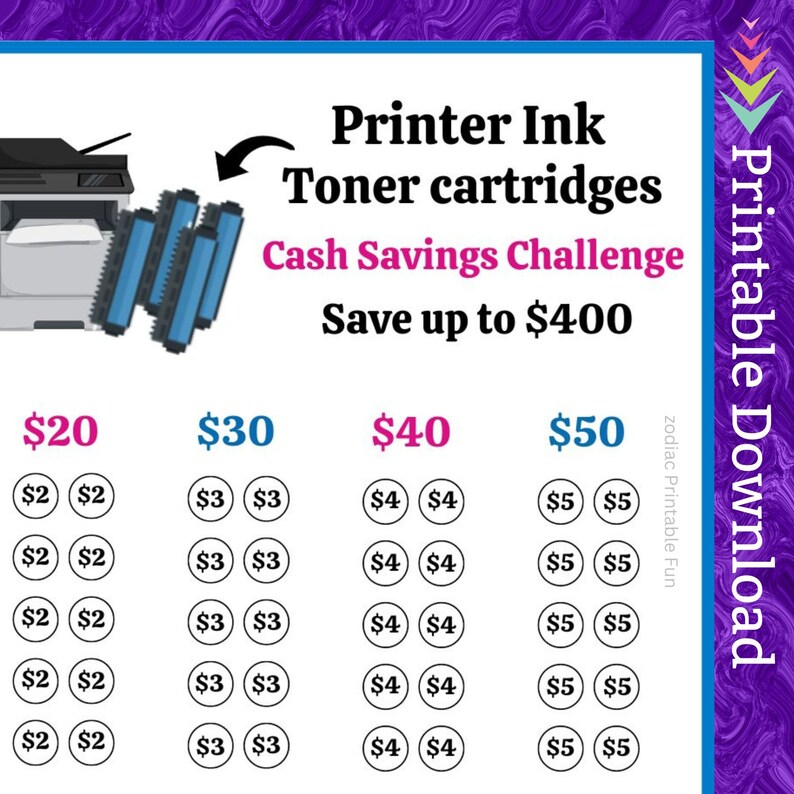 A6 Printer Toner Cartridge Savings Challenge Printable for Computer Laser Printer Ink for Home Office Money Saving Fund for Students Budget