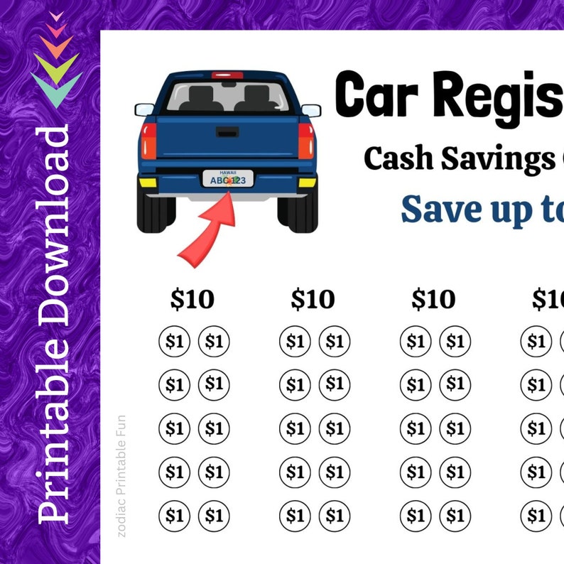 Car Registration Savings Challenge Printable Teen First Time Driver Vehicle Tag Money Saving Fund for Adult Auto License Plate Cash Budget