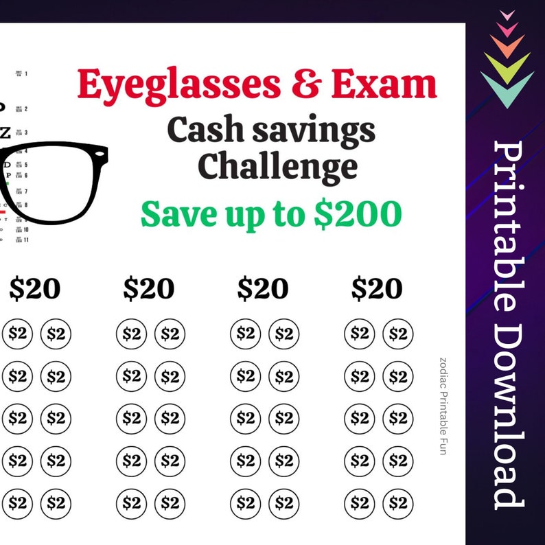 Eyeglasses Savings Challenge Printable for Eye Exam Money Saving Sinking Fund for Vision Cash Stuffing Savings Tracker for Men Women Kids