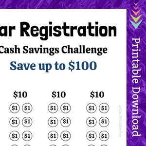 Car Registration Savings Challenge Printable Teen First Time Driver Vehicle Tag Money Saving Fund for Adult Auto License Plate Cash Budget