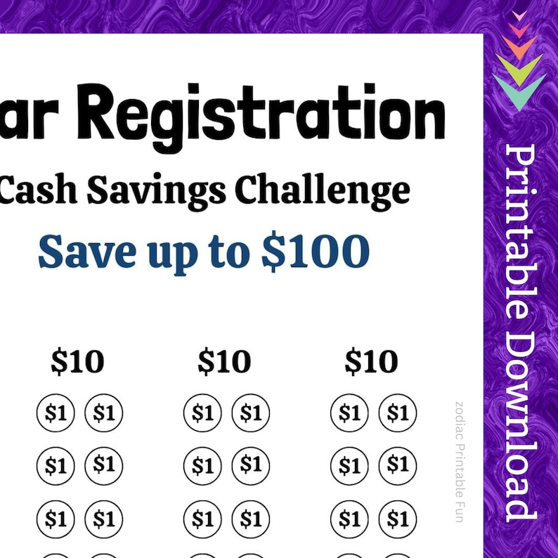 Car Registration Savings Challenge Printable Teen First Time Driver Vehicle Tag Money Saving Fund for Adult Auto License Plate Cash Budget