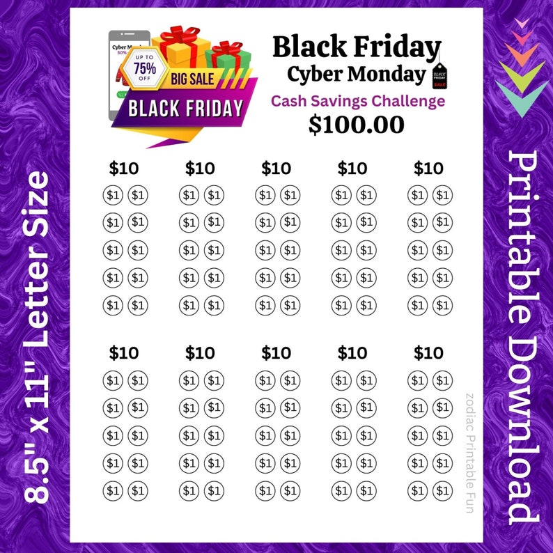 K&ouml;nnte beinhalten: Druckbarer Black Friday und Cyber Monday Cash-Spar-Challenge. Der Druckbare zeigt ein Raster mit 50 Kreisen, jeder mit 1 &euro; darin. Oben auf dem Druckbaren steht "Black Friday Cyber Monday Cash Savings Challenge 100,00 &euro;".