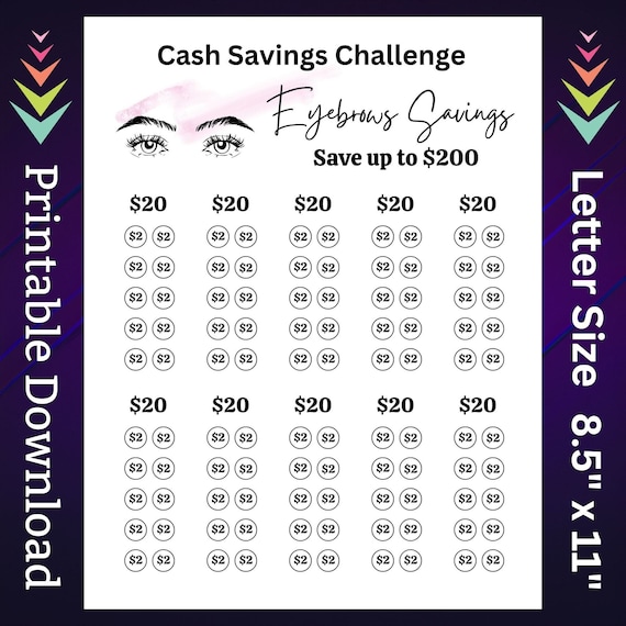 Eyebrows Savings Challenge Printable for Hair Salon Money Saving Sinking Fund for Women Beauty Selfcare Routine Cash Stuffing Budget Tracker