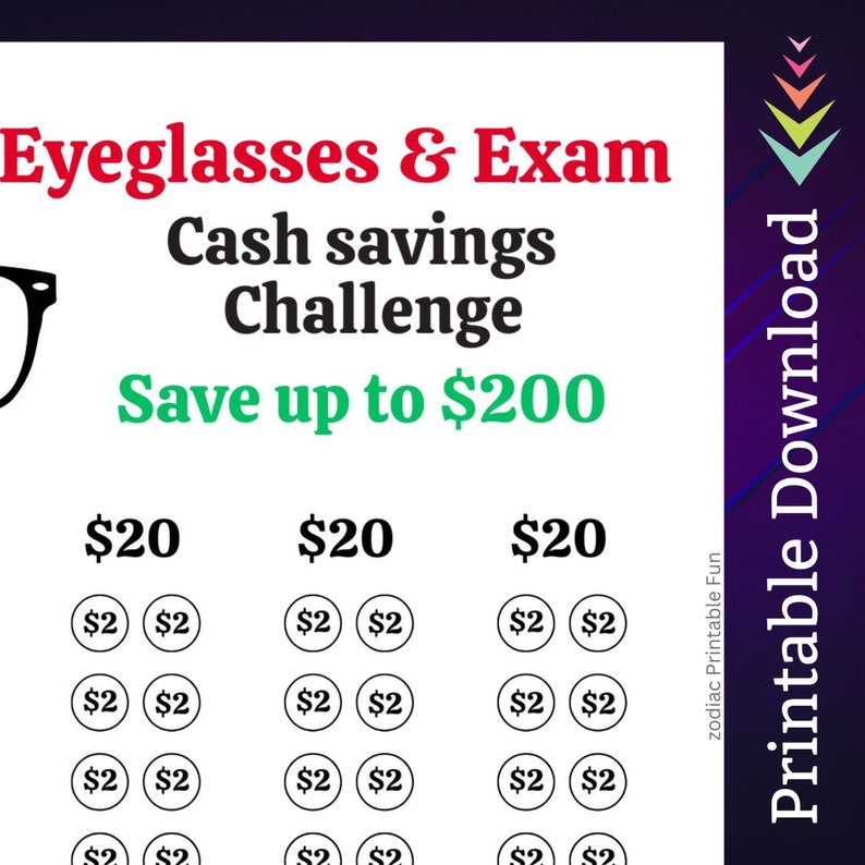 Eyeglasses Savings Challenge Printable for Eye Exam Money Saving Sinking Fund for Vision Cash Stuffing Savings Tracker for Men Women Kids