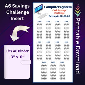 Könnte beinhalten: Druckbarer A6-Spar-Challenge-Einsatz für einen Ordner. Der Einsatz zeigt eine Computer-System-Spar-Challenge mit dem Ziel, bis zu 1.400,00 € zu sparen. Der Einsatz hat ein Raster mit Kreisen mit Dollarbeträgen von 100 €, 10 € und 20 €.