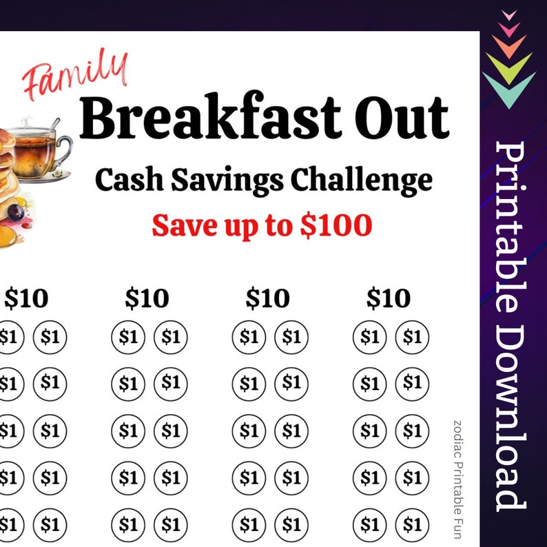 Breakfast Savings Challenge Printable for Morning Breakfast Food Money ...