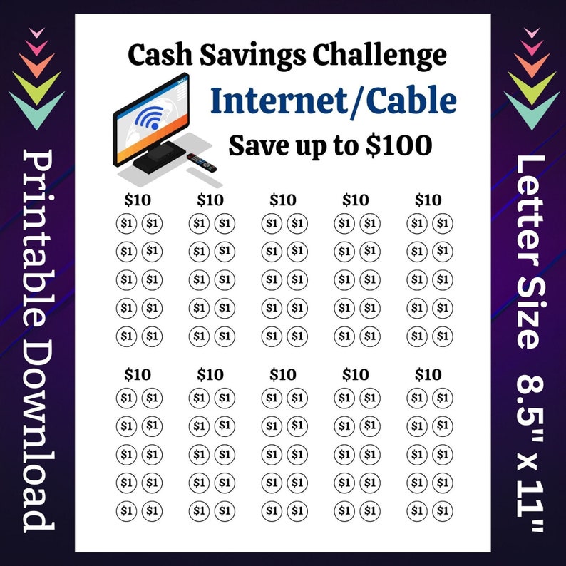 May include: A printable cash savings challenge chart for internet or cable bills. The chart is designed to track savings of $1 per day for 100 days, with a goal of saving up to $100. The chart is letter size, 8.5 inches by 11 inches.