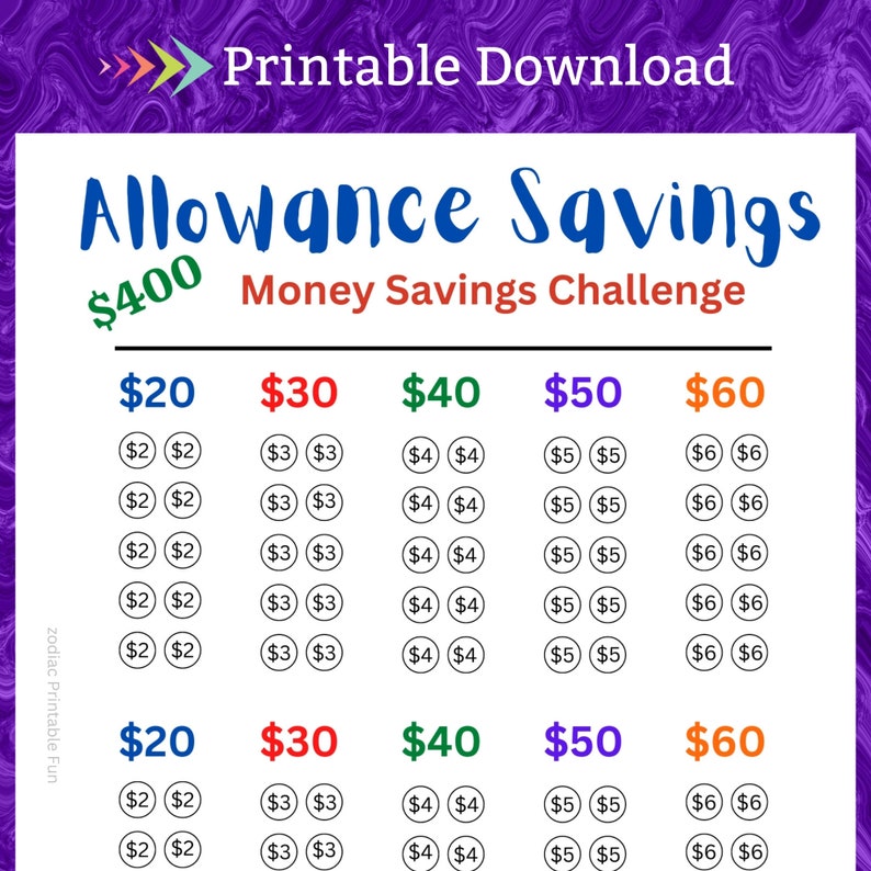 Allowance Savings Challenge Printable for Saving Money for - Etsy