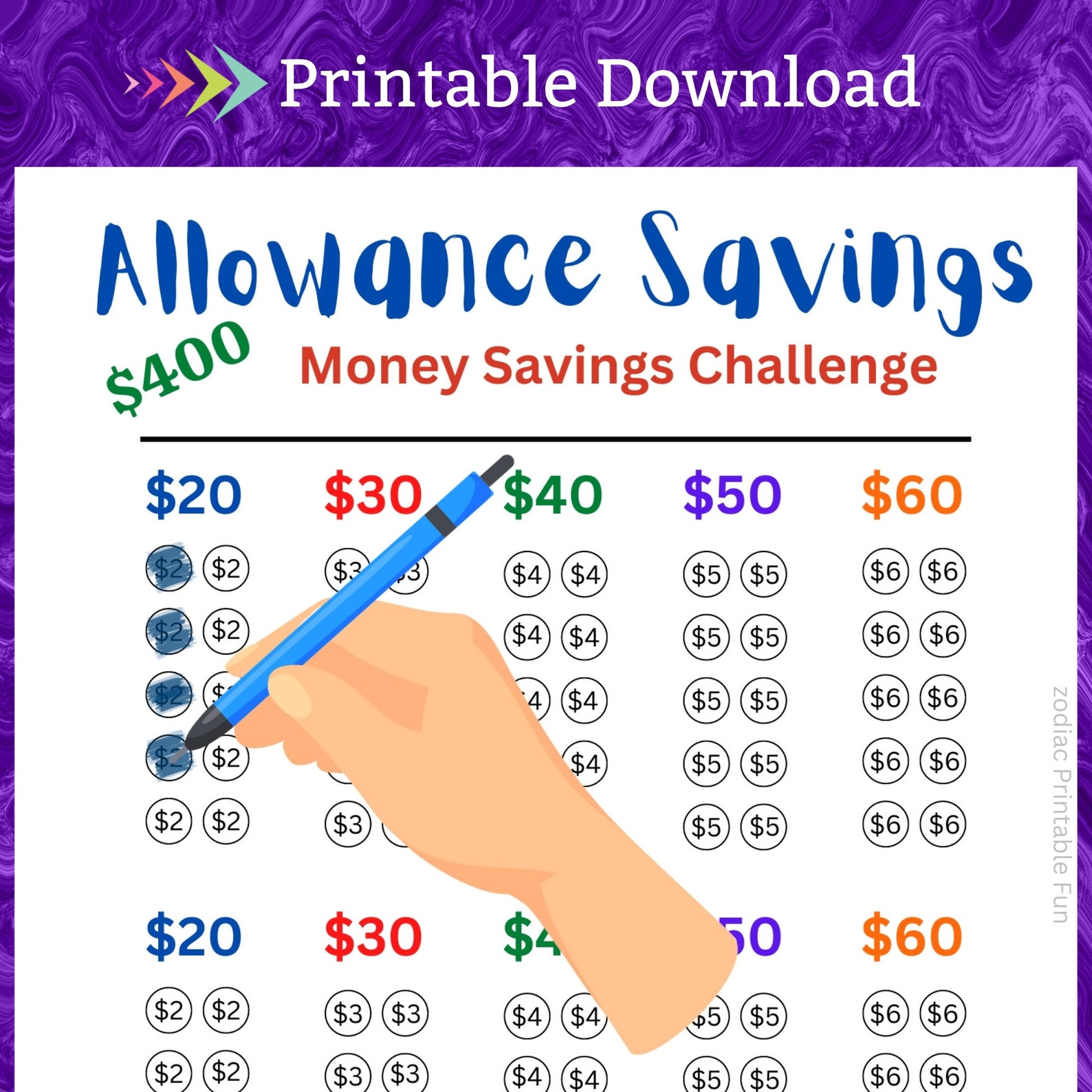 Save Allowance Kids Allowance Savings Challenge Printable for Children Budgeting Cash ...