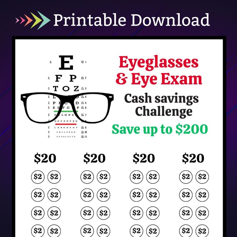 A6 Eyeglasses Savings Challenge Printable for Eye Exam Money Saving Sinking Fund for Vision Cash Stuffing Savings Tracker for Men Women Kids