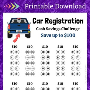 Car Registration Savings Challenge Printable Teen First Time Driver Vehicle Tag Money Saving Fund for Adult Auto License Plate Cash Budget