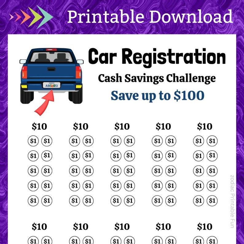 Car Registration Savings Challenge Printable Teen First Time Driver Vehicle Tag Money Saving Fund for Adult Auto License Plate Cash Budget