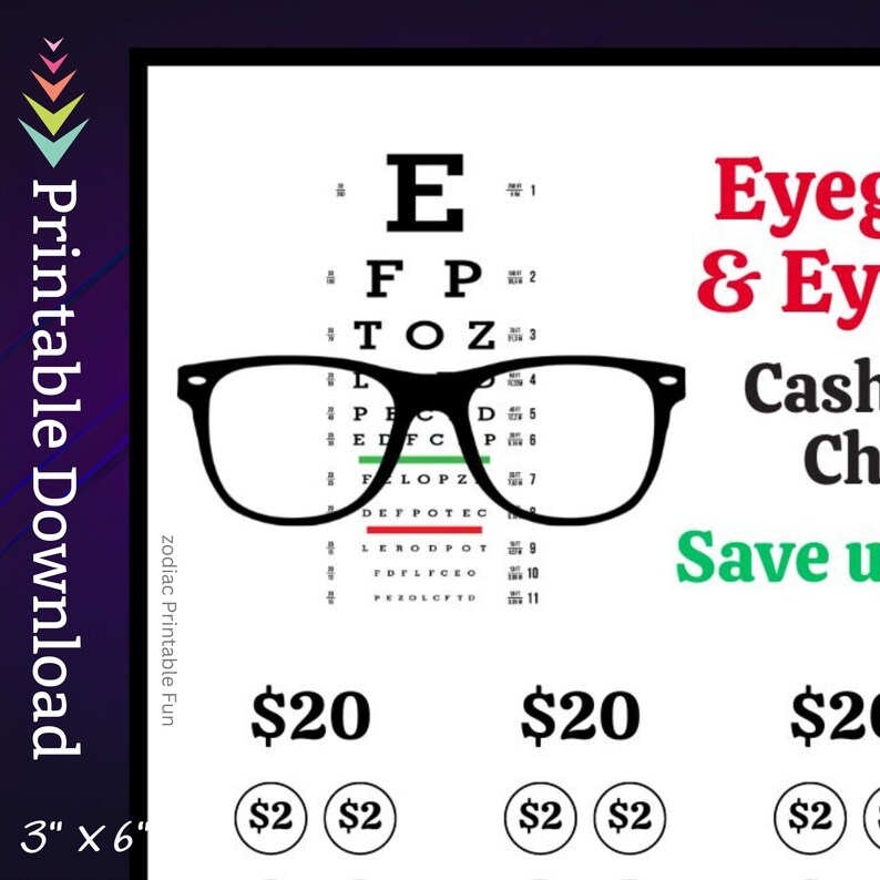 A6 Eyeglasses Savings Challenge Printable for Eye Exam Money Saving Sinking Fund for Vision Cash Stuffing Savings Tracker for Men Women Kids