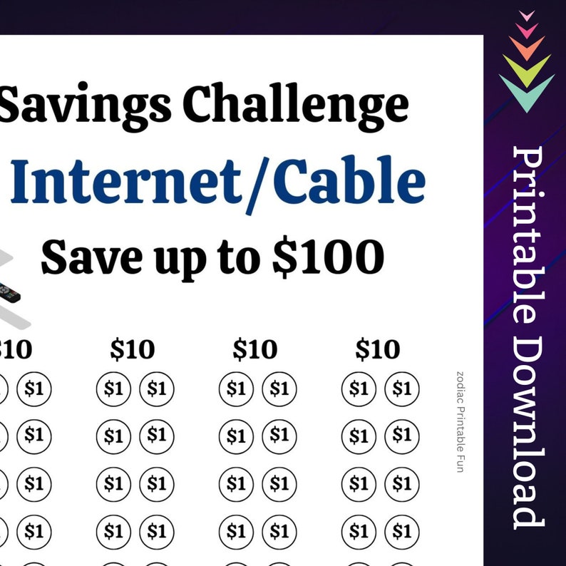 May include: A printable savings challenge chart for internet and cable bills. The chart has four columns with ten rows of circles. Each circle represents $1. The total savings potential is $100.