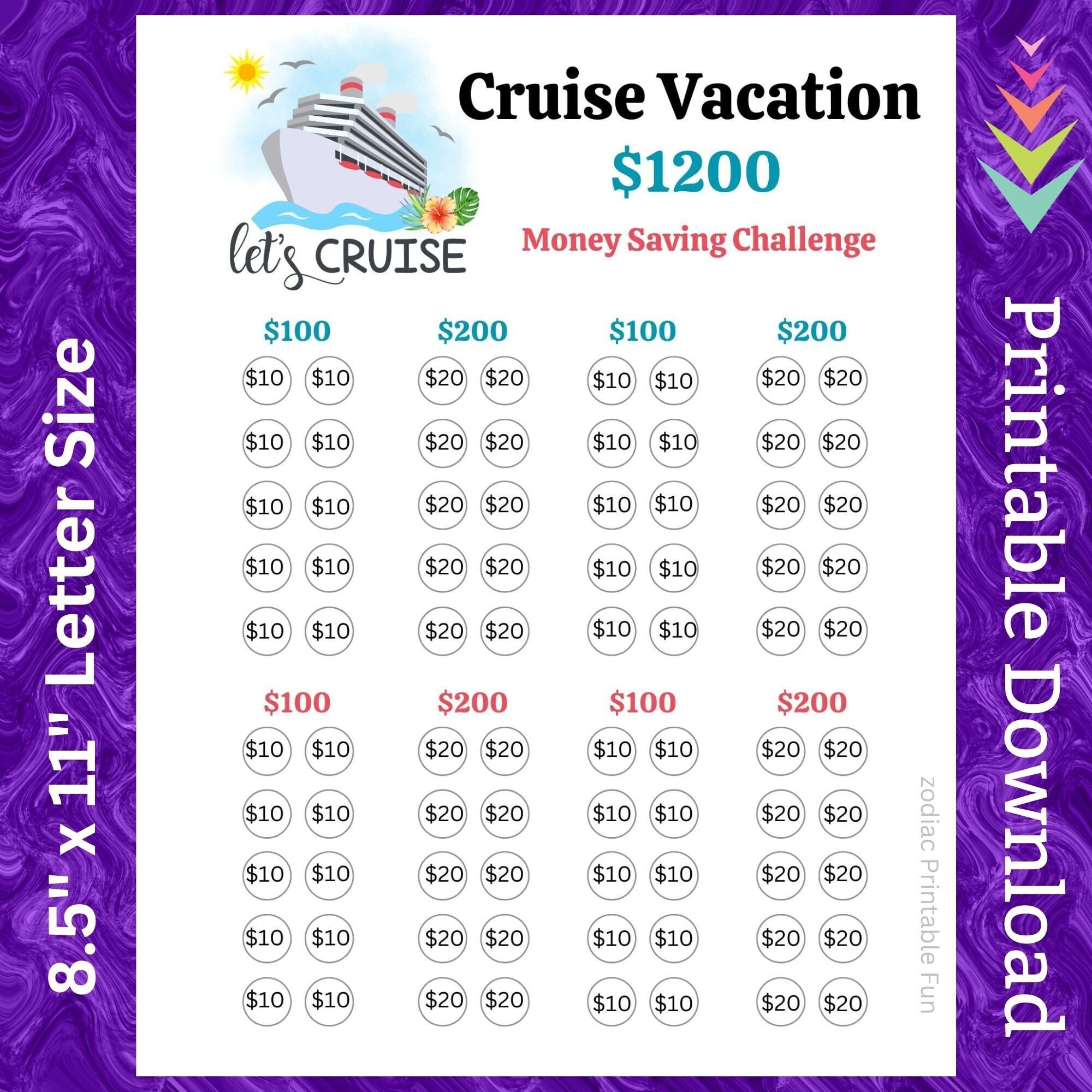 Family Cruise Cash Savings Challenge Printable Vacation Trip Money Saving Planner for Ocean Cruise Ticket Reservations Budget Fund Tracker