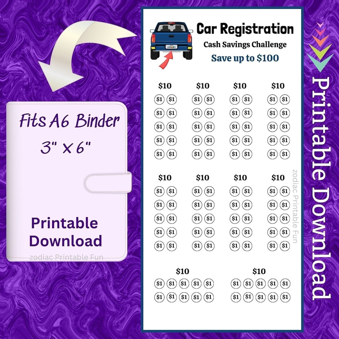 A6 Car Savings Challenge Printable for Saving Money for Vehicle Tag Renewal for Car Registration