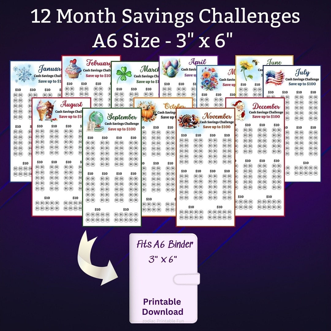 A6 Monthly Savings Challenge Printables for 12 Month Money Saving ...