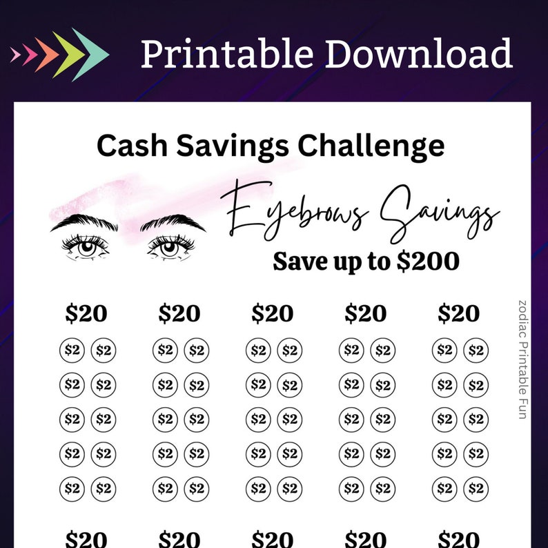 Eyebrows Savings Challenge Printable for Hair Salon Money Saving Sinking Fund for Women Beauty Selfcare Routine Cash Stuffing Budget Tracker