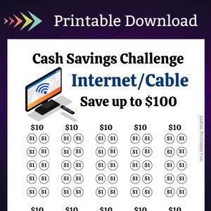 May include: A printable chart to help save money on internet and cable bills. The chart has five columns, each with ten circles. Each circle represents $1, and the total amount saved in each column is $10. The chart is designed to help people save up to $100.